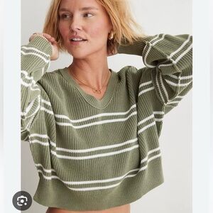 Aerie Olive Green Striped Cropped Beyond Sweater Balloon Sleeve Women’s Size XL